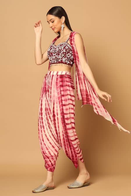 Shop_Two Sisters By Gyans_Maroon Georgette Beads, Sequins Tie Dye High Low Hem Cape And Dhoti Pant Set _Online_at_Aza_Fashions