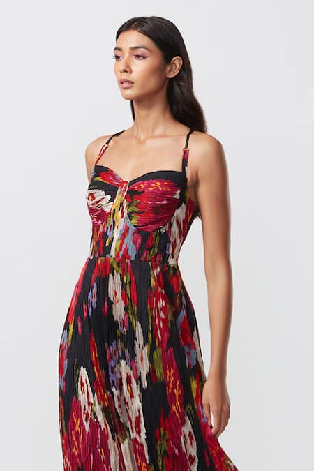 Saaksha & Kinni_Black Chiffon Embroidery Sweetheart Neck Hand Micro Pleated Printed Dress _Online_at_Aza_Fashions