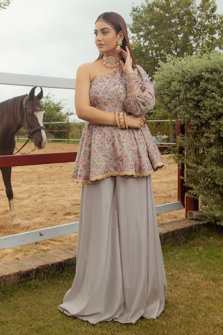 Buy_Safaa_Grey Lining Shantoon, Vegan Silk Floral Azra Woven Peplum Kurta And Sharara Set _Online_at_Aza_Fashions