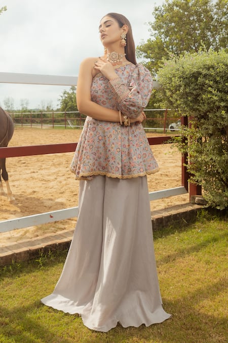 Safaa_Grey Lining Shantoon, Vegan Silk Floral Azra Woven Peplum Kurta And Sharara Set _at_Aza_Fashions