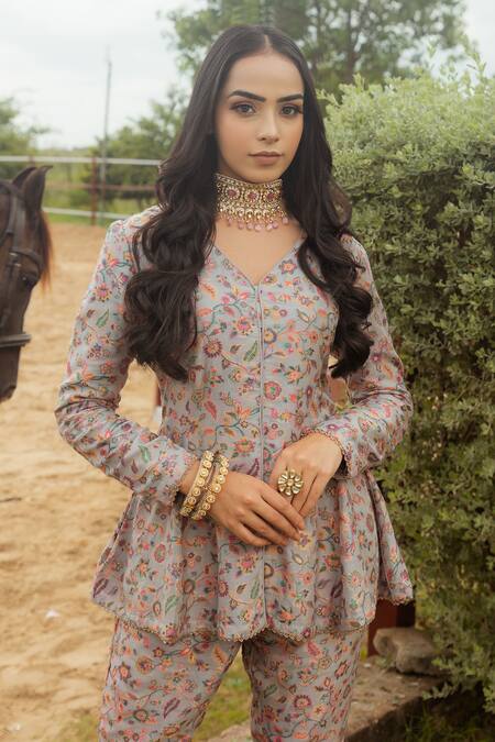 Safaa_Grey Lining Satin, Vegan Silk Paisley And Yasmin Woven Peplum Top And Pant Set _Online_at_Aza_Fashions