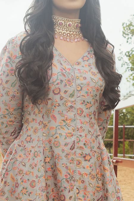 Shop_Safaa_Grey Lining Satin, Vegan Silk Paisley And Yasmin Woven Peplum Top And Pant Set _Online_at_Aza_Fashions