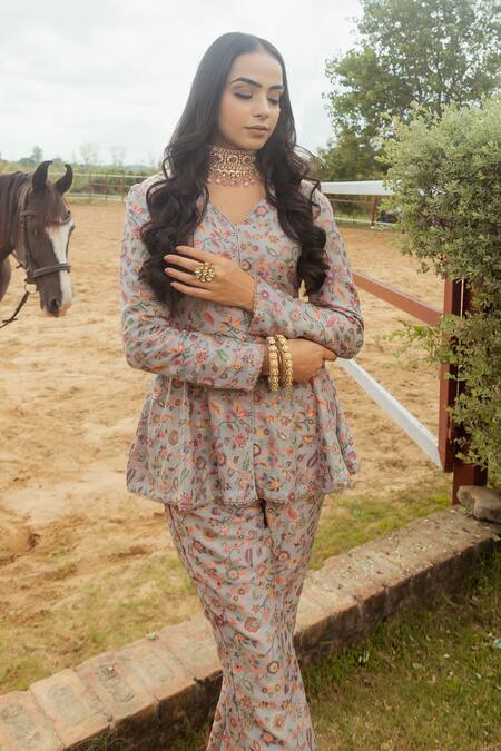 Buy_Safaa_Grey Lining Satin, Vegan Silk Paisley And Yasmin Woven Peplum Top And Pant Set _Online_at_Aza_Fashions