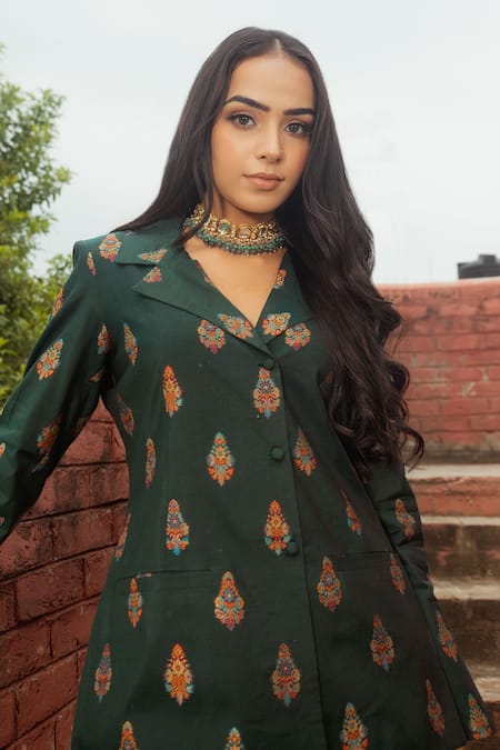 Safaa_Green Lining Satin, Moonga Silk Paisley And Rihanna Woven Blazer And Pant Set _Online_at_Aza_Fashions