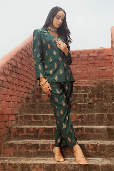Buy_Safaa_Green Lining Satin, Moonga Silk Paisley And Rihanna Woven Blazer And Pant Set _Online_at_Aza_Fashions