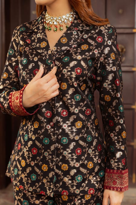 Shop Safaa Black Lining Satin, Moonga Silk Floral Jaal Nadira Woven Blazer And Pant Set Online at Aza Fashions Shop_Safaa_Black Lining Satin, Moonga Silk Floral Jaal Nadira Woven Blazer And Pant Set _Online_at_Aza_Fashions