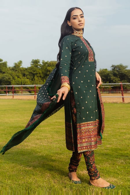Safaa Green Lining Shantoon, Moonga Silk Kani Weave Rayannah Floral Woven Kurta Set Online at Aza Fashions Safaa_Green Lining Shantoon, Moonga Silk Kani Weave Rayannah Floral Woven Kurta Set _Online_at_Aza_Fashions