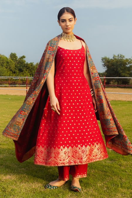 Safaa_Red Lining Shantoon, Moonga Silk Kani Weave U Neck Zahra Woven A-line Kurta Set _Online_at_Aza_Fashions