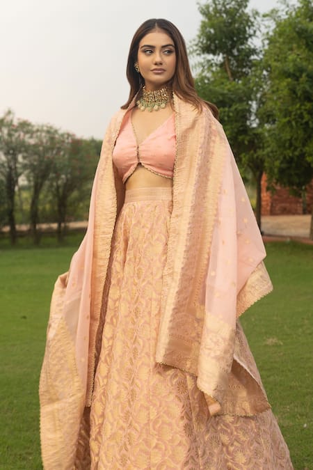 Safaa Pink Organza, Lining Shantoon Banarasi Weave V Neck Maha Woven Lehenga Set Online at Aza Fashions Safaa_Pink Organza, Lining Shantoon Banarasi Weave V Neck Maha Woven Lehenga Set _Online_at_Aza_Fashions