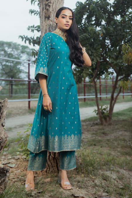 Buy_Safaa_Blue Cotton Lined, Lining Shantoon, Moonga Alia Woven A-line Kurta And Pant Set _Online_at_Aza_Fashions