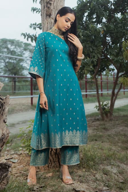 Shop_Safaa_Blue Cotton Lined, Lining Shantoon, Moonga Alia Woven A-line Kurta And Pant Set _Online_at_Aza_Fashions