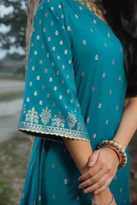 Safaa_Blue Cotton Lined, Lining Shantoon, Moonga Alia Woven A-line Kurta And Pant Set _at_Aza_Fashions