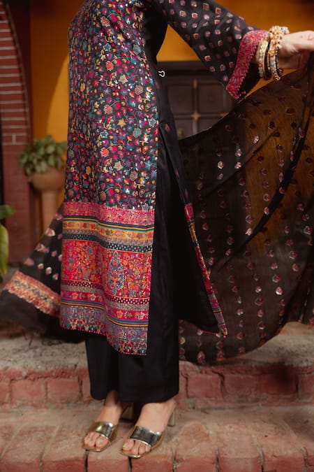 Shop_Safaa_Black Lining Shantoon, Moonga Silk Kani Weave Notched Eshma Woven Kurta Set_Online_at_Aza_Fashions