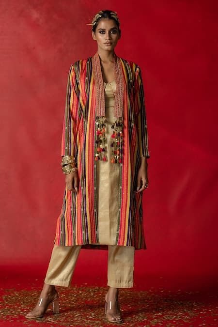 Pooja-Keyur Multi Color Cotton Silk Printed And Embroidered Stripe & Aari Work Jacket 