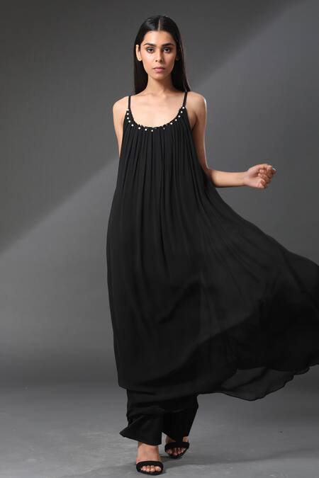 Zeefaa_Black Georgette Pearls Scoop Neck Pleated Neckline Dress_Online_at_Aza_Fashions