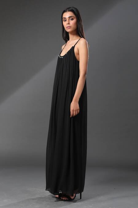 Buy_Zeefaa_Black Georgette Pearls Scoop Neck Pleated Neckline Dress_Online_at_Aza_Fashions