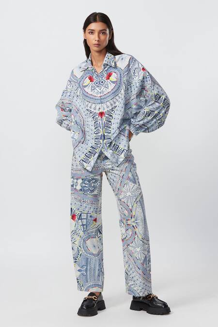 Shop_Saaksha & Kinni_Blue Denim Print Mandala Doodle Jeans_Online_at_Aza_Fashions