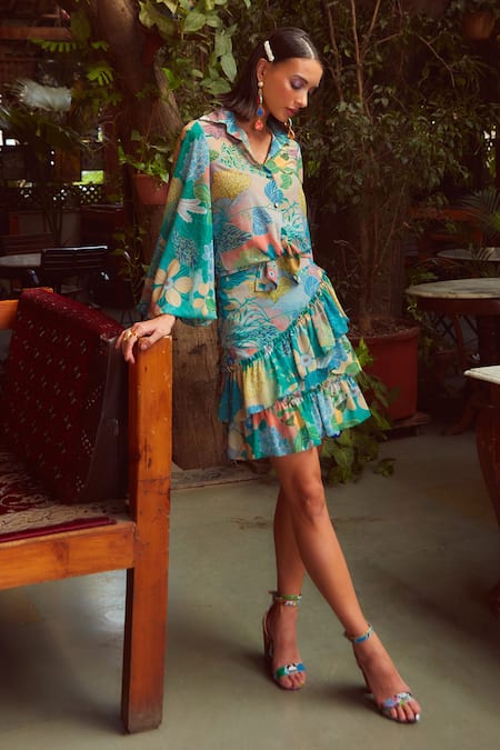 Shop Ankita Dharman Multi Color Georgette Floral Motifs Collared Neck Sage Co-ord Skirt Set at Aza Fashions Shop_Ankita Dharman_Multi Color Georgette Floral Motifs Collared Neck Sage Co-ord Skirt Set _at_Aza_Fashions