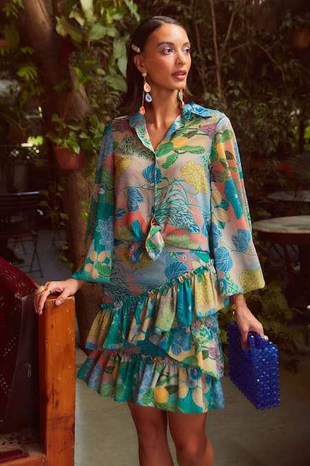 Ankita Dharman Multi Color Georgette Floral Motifs Collared Neck Sage Co-ord Skirt Set Online at Aza Fashions Ankita Dharman_Multi Color Georgette Floral Motifs Collared Neck Sage Co-ord Skirt Set _Online_at_Aza_Fashions