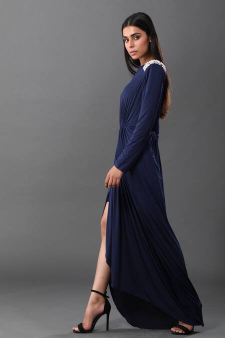 Zeefaa_Blue Turkish Lycra Pearls Round Shoulder Embellished Draped Gown_Online_at_Aza_Fashions