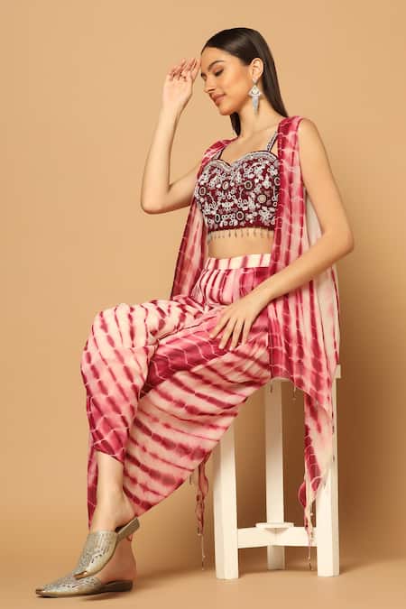Buy_Two Sisters By Gyans_Maroon Georgette Beads, Sequins Tie Dye High Low Hem Cape And Dhoti Pant Set 