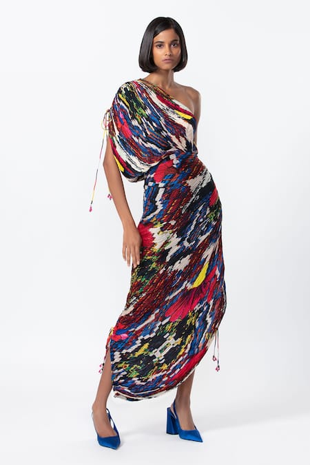 Saaksha & Kinni_Multi Color Cotton, Silk Lace One Shoulder Hand Micro Pleated Draped Dress _Online_at_Aza_Fashions