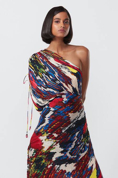 Buy_Saaksha & Kinni_Multi Color Cotton, Silk Lace One Shoulder Hand Micro Pleated Draped Dress _Online_at_Aza_Fashions