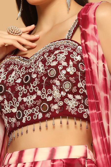 Shop_Two Sisters By Gyans_Maroon Georgette Beads, Sequins Tie Dye High Low Hem Cape And Dhoti Pant Set 