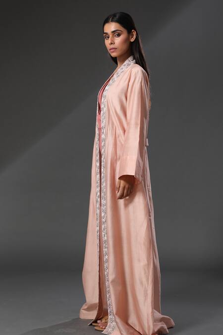 Zeefaa_Peach Moroccan Moss Floral Motifs Shawl Collar Embroidered Lapel Cape_Online_at_Aza_Fashions