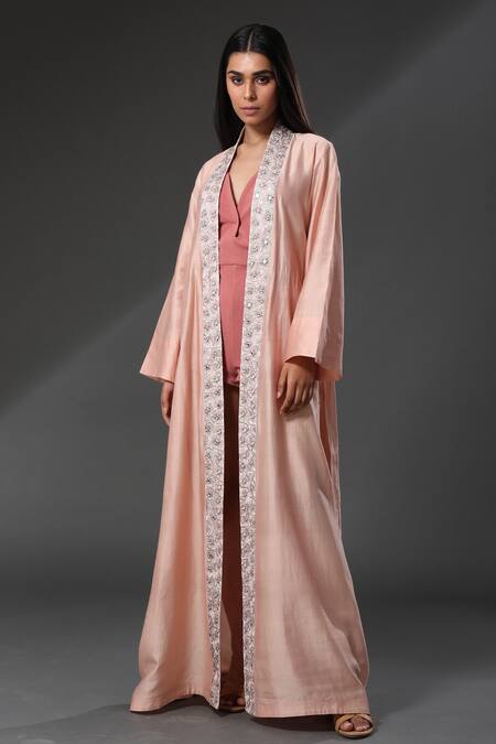 Buy_Zeefaa_Peach Moroccan Moss Floral Motifs Shawl Collar Embroidered Lapel Cape_Online_at_Aza_Fashions