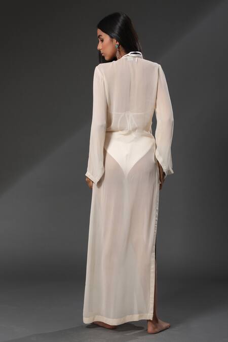 Shop_Zeefaa_White Georgette Sequins V Neck Collar Embellished Cover Up_at_Aza_Fashions