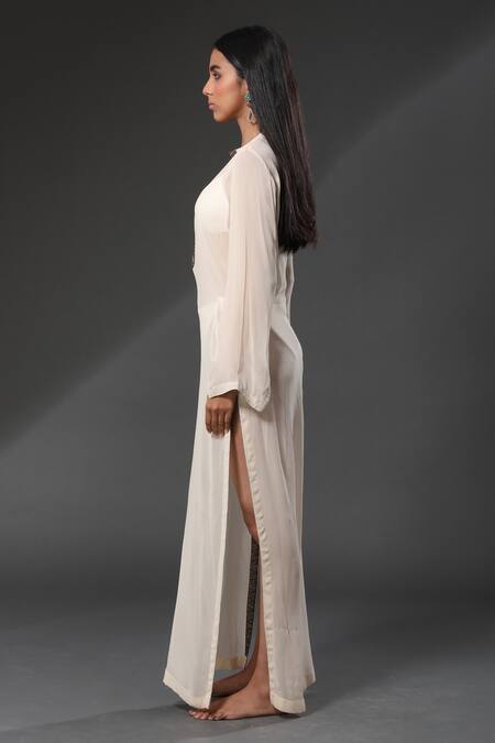 Zeefaa_White Georgette Sequins V Neck Collar Embellished Cover Up_Online_at_Aza_Fashions