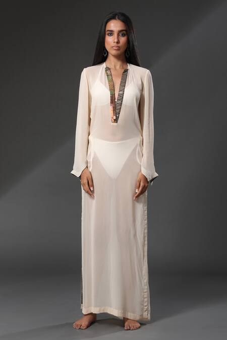 Buy_Zeefaa_White Georgette Sequins V Neck Collar Embellished Cover Up_Online_at_Aza_Fashions