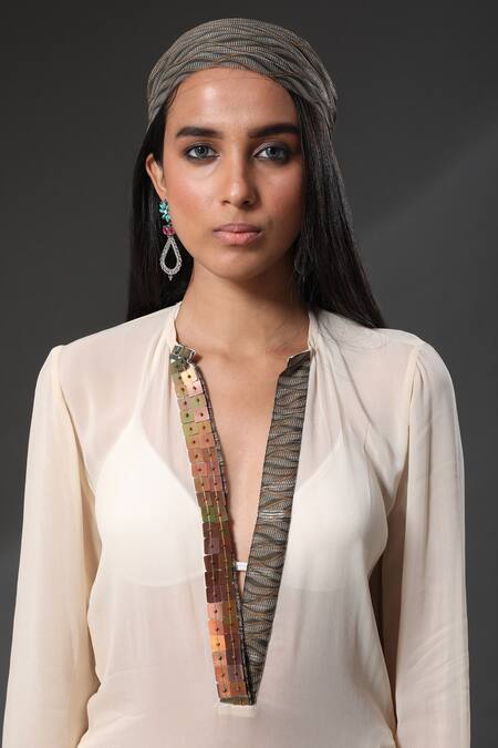 Shop_Zeefaa_White Georgette Sequins V Neck Collar Embellished Cover Up_Online_at_Aza_Fashions
