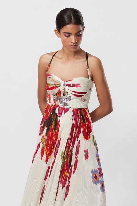 Shop_Saaksha & Kinni_Ivory Chiffon Embroidery Sweetheart Neck Floral Print Pleated Asymmetric Dress _Online_at_Aza_Fashions