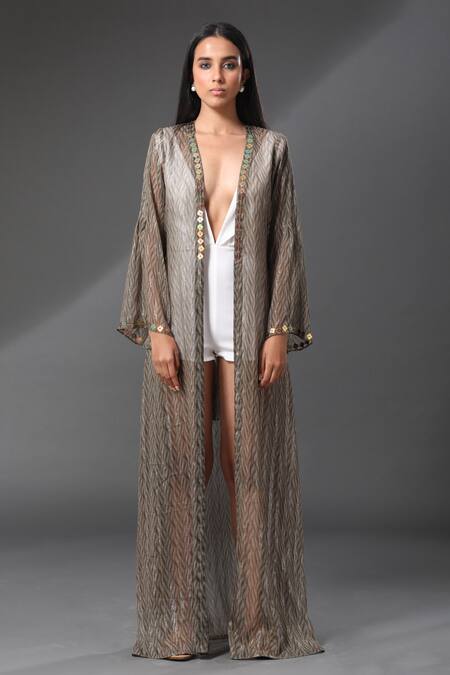 Zeefaa_Green Abstract Geometric Motifs Metallic Mist Print Cape_Online_at_Aza_Fashions