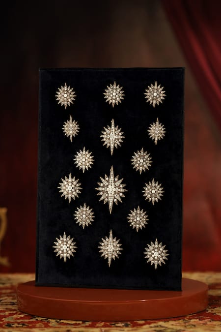 Shop Cosa Nostraa Gold Stardust Brooch With Cuff Buttons Set Of 16 at Aza Fashions Shop_Cosa Nostraa_Gold Stardust Brooch With Cuff Buttons Set Of 16 _at_Aza_Fashions