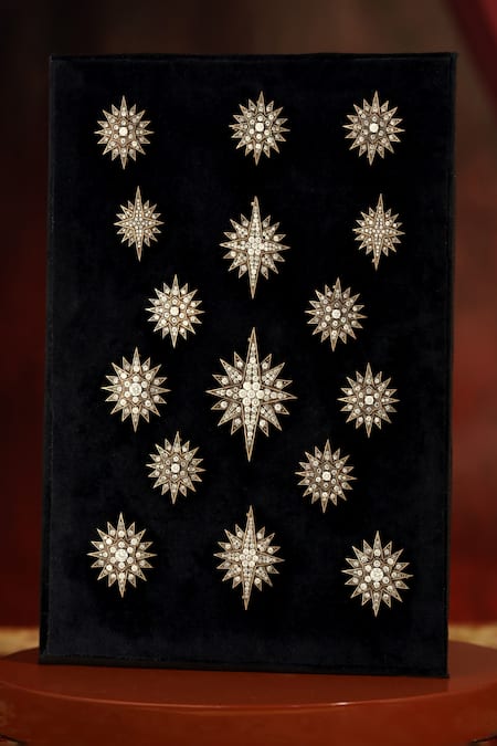 Cosa Nostraa Gold Stardust Brooch With Cuff Buttons Set Of 16 Online at Aza Fashions Cosa Nostraa_Gold Stardust Brooch With Cuff Buttons Set Of 16 _Online_at_Aza_Fashions
