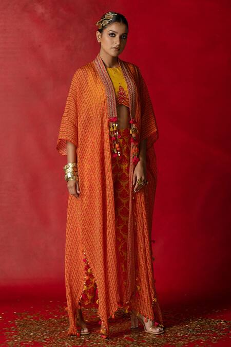 Pooja-Keyur Yellow Cape Organza, Top And Pant Cotton Silk Floral Print & Aari Embroidery Set Online at Aza Fashions Pooja-Keyur_Yellow Cape Organza, Top And Pant Cotton Silk Floral Print & Aari Embroidery Set _Online_at_Aza_Fashions