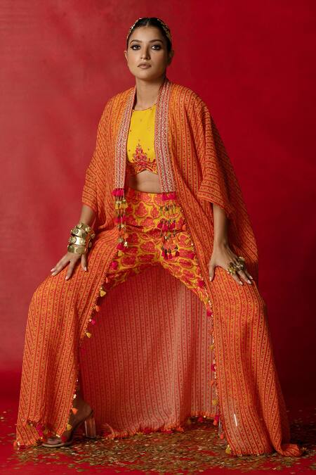 Buy Pooja-Keyur Yellow Cape Organza, Top And Pant Cotton Silk Floral Print & Aari Embroidery Set Online at Aza Fashions Buy_Pooja-Keyur_Yellow Cape Organza, Top And Pant Cotton Silk Floral Print & Aari Embroidery Set _Online_at_Aza_Fashions