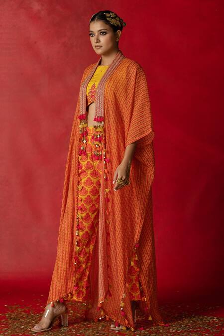 Shop Pooja-Keyur Yellow Cape Organza, Top And Pant Cotton Silk Floral Print & Aari Embroidery Set Online at Aza Fashions Shop_Pooja-Keyur_Yellow Cape Organza, Top And Pant Cotton Silk Floral Print & Aari Embroidery Set _Online_at_Aza_Fashions