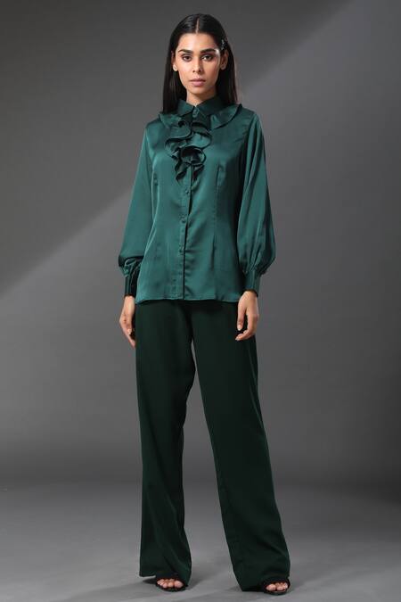 Zeefaa_Green Silk Collared Neck Ruffle Shirt_Online_at_Aza_Fashions
