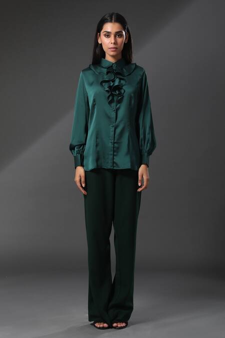 Buy_Zeefaa_Green Silk Collared Neck Ruffle Shirt_Online_at_Aza_Fashions