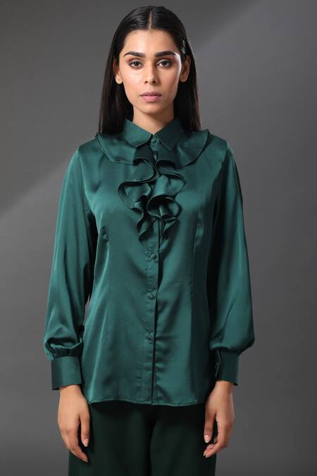 Shop_Zeefaa_Green Silk Collared Neck Ruffle Shirt_Online_at_Aza_Fashions