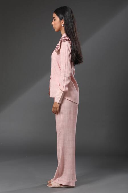 Zeefaa_Pink Cotton Floral Motifs Collared Neck Embroidered Shirt_Online_at_Aza_Fashions