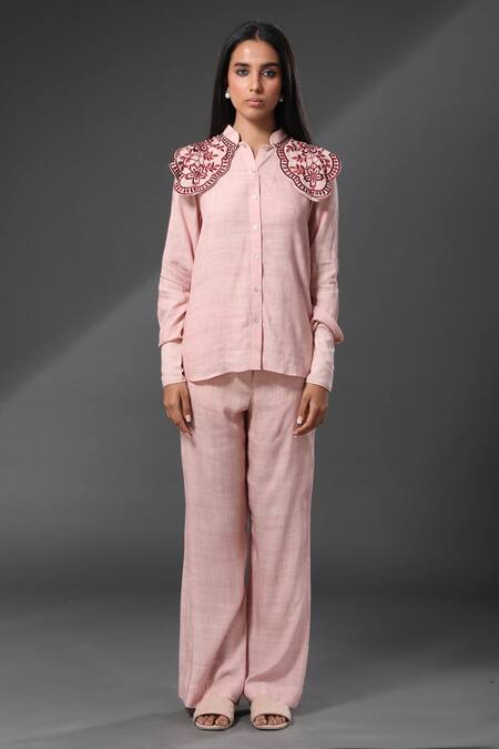 Buy_Zeefaa_Pink Cotton Floral Motifs Collared Neck Embroidered Shirt_Online_at_Aza_Fashions