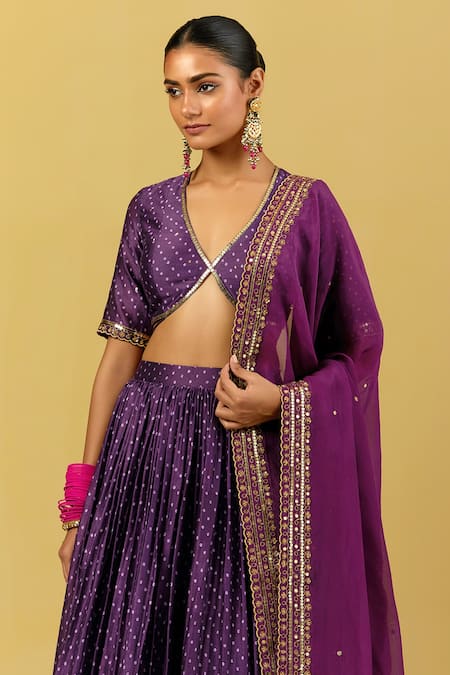 Shop_Ikshita Choudhary_Purple Chanderi Silk, Tissue Embroidery, Sequins Bandhani Print Lehenga Set _Online_at_Aza_Fashions