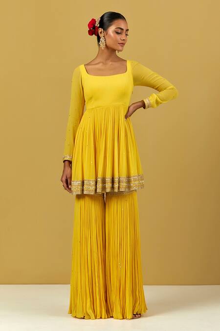 Ikshita Choudhary_Yellow Georgette Embroidery Hand Gharara_Online_at_Aza_Fashions