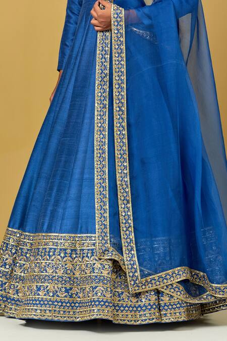 Shop Ikshita Choudhary Blue Silk, Organza Embroidery Round Neck Hand Anarkali With Dupatta Online at Aza Fashions Shop_Ikshita Choudhary_Blue Silk, Organza Embroidery Round Neck Hand Anarkali With Dupatta _Online_at_Aza_Fashions