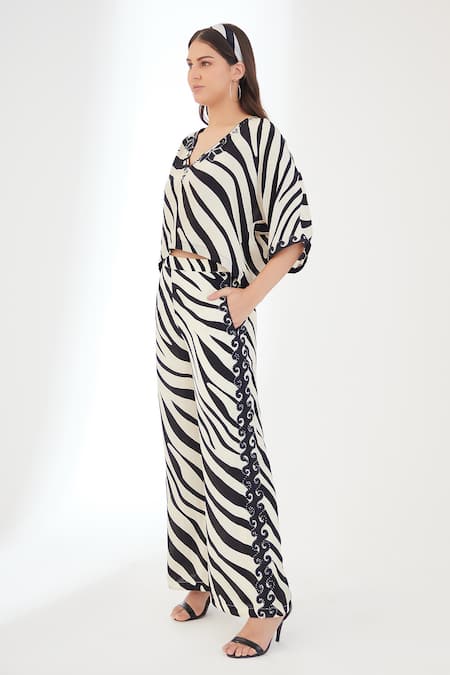 Buy_Nikasha_Black Viscose Mirrors, Embroidery V-neck Animal Print Top And Pant Set _Online_at_Aza_Fashions